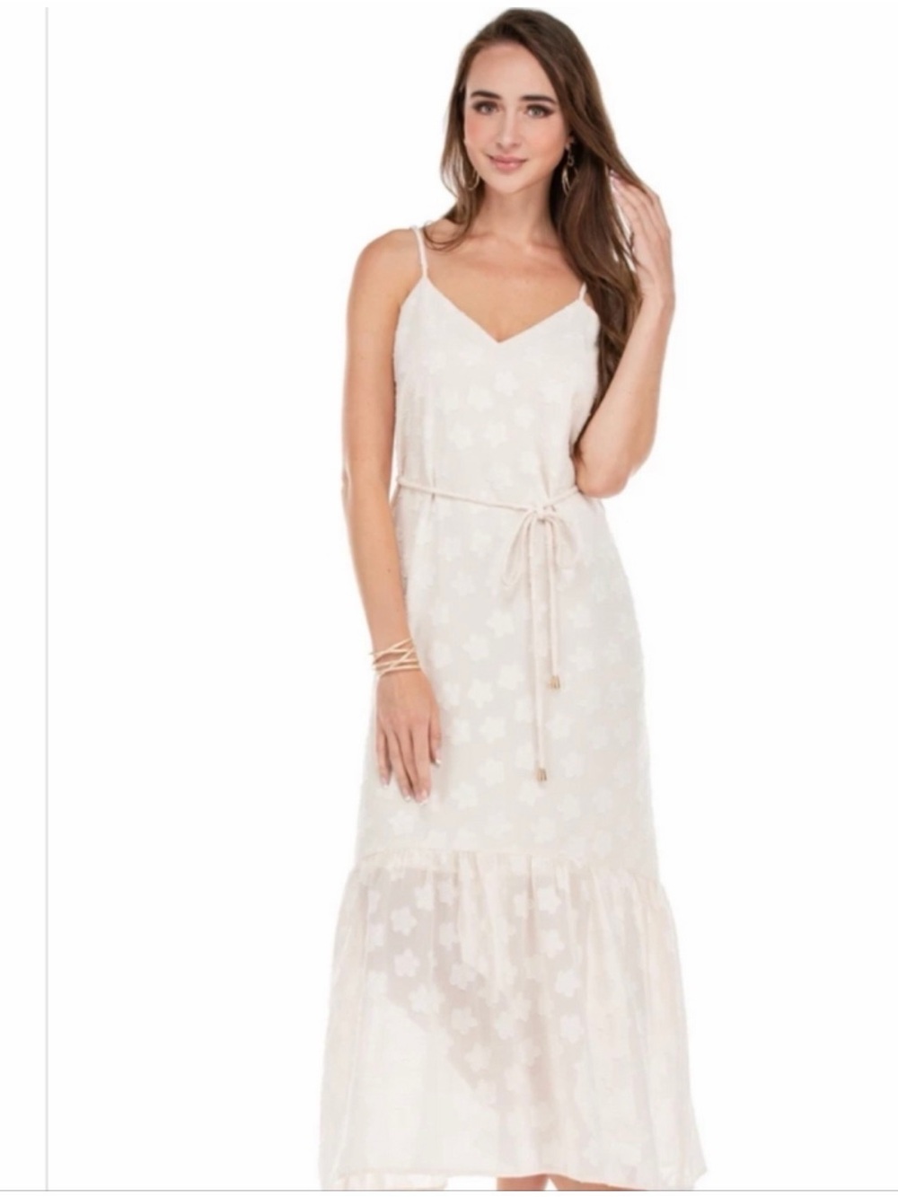 Joy Joy Cream Floral Maxi Slip Dress with Tie Waist